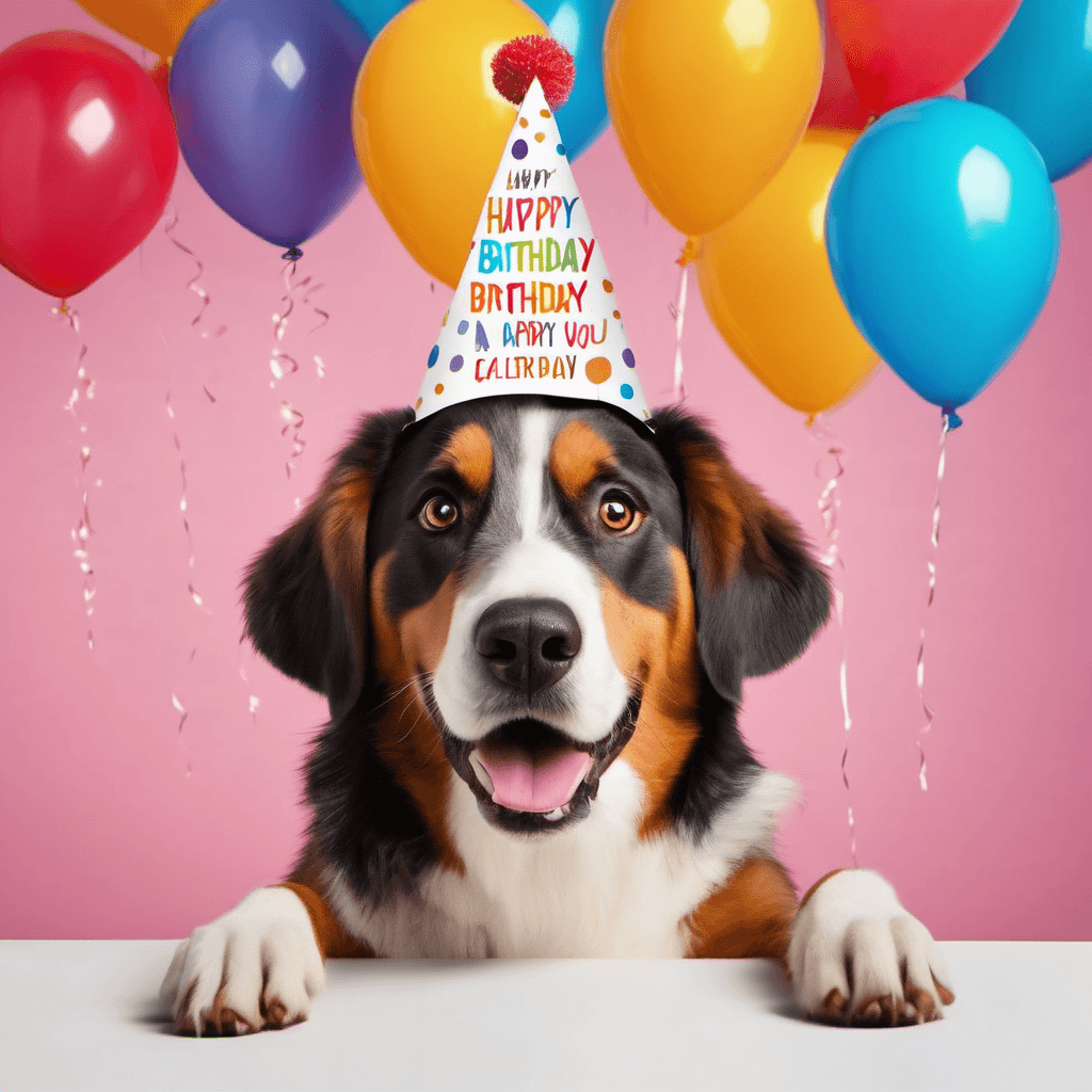 Funny birthday card or playful celebration with a dog in a party hat.