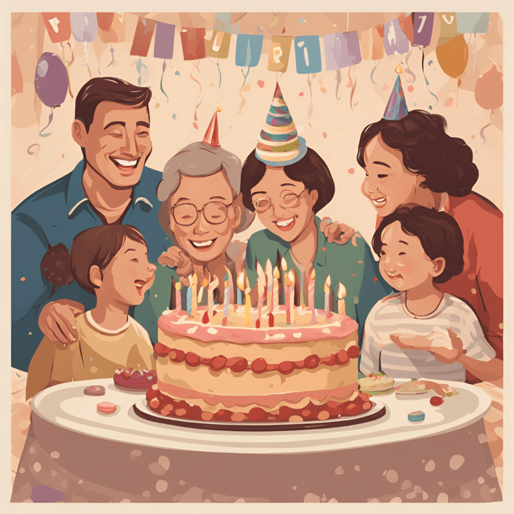 Family gathering around a birthday cake.