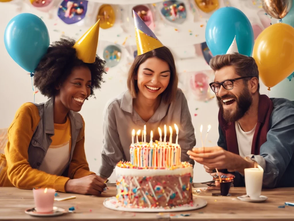 Friends celebrating a birthday with laughter and joy.