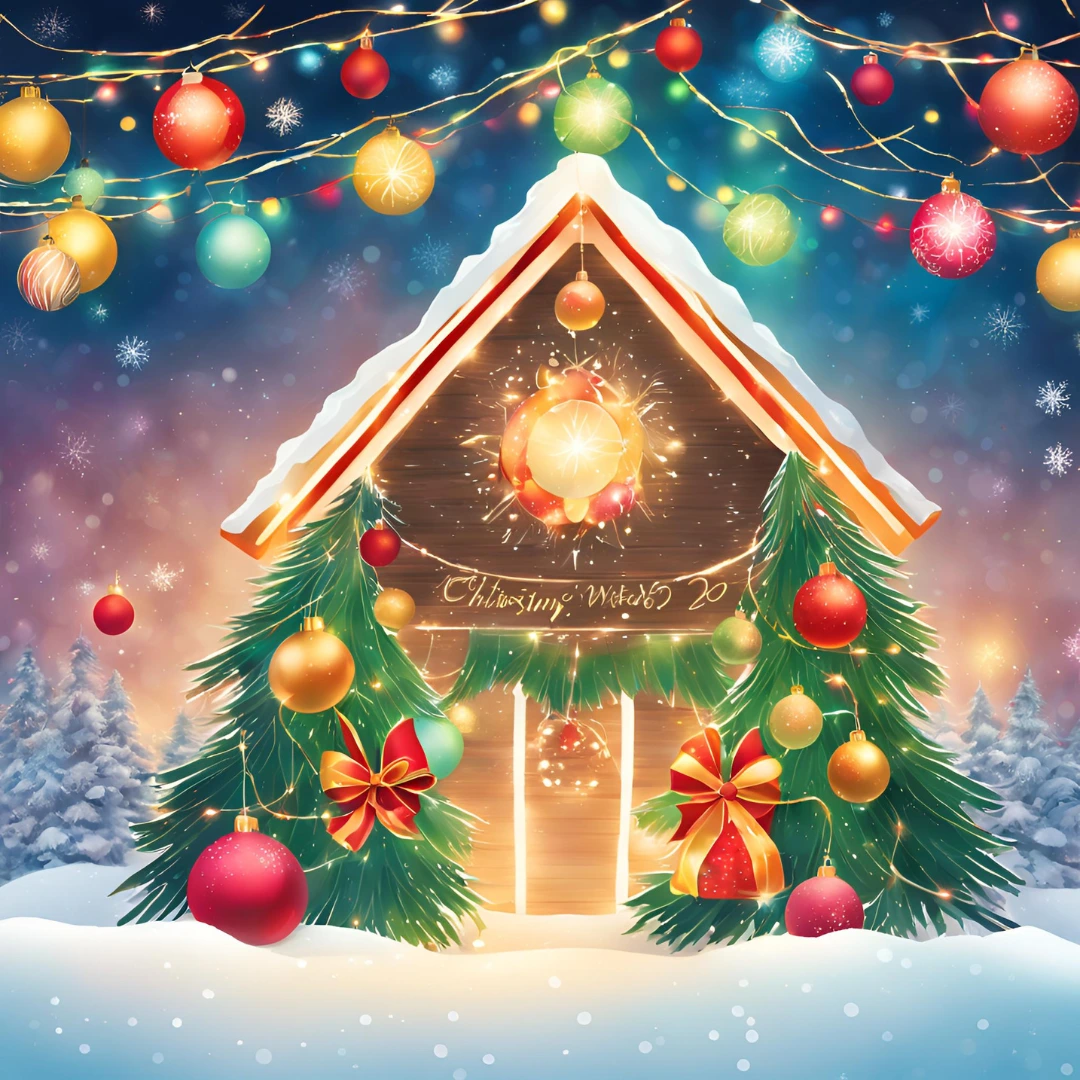 Festive Christmas lights and a decorated tree with text reading 'Christmas Wishes 2024.'