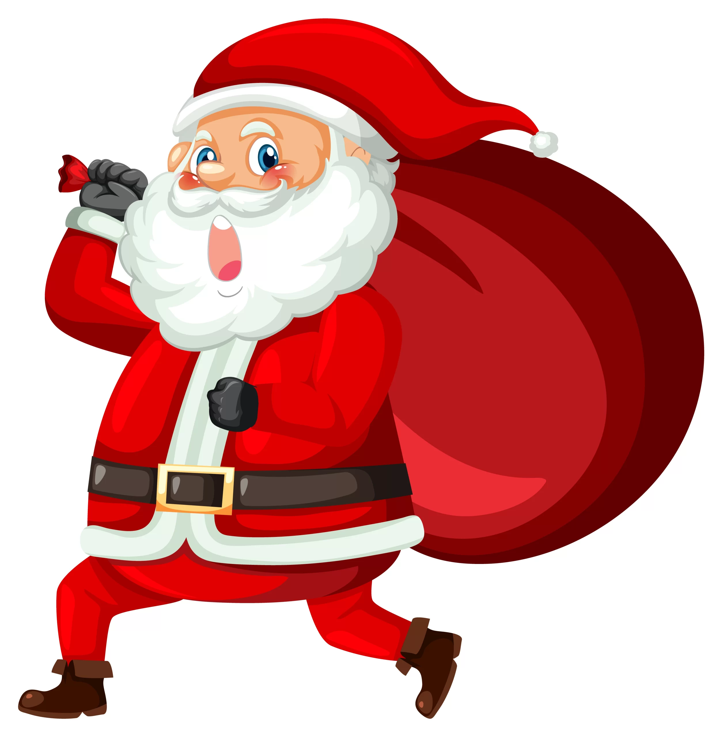 Cartoon Santa Claus laughing with a sack of gifts.