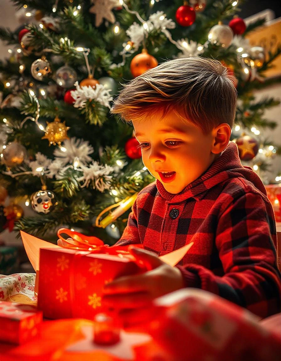 Child opening a Christmas present under a glowing Christmas tree with lights.
