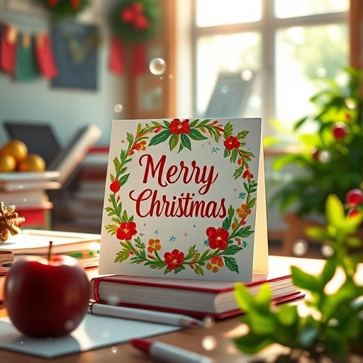 Christmas card on a teacher’s desk with festive decorations and a holiday apple.