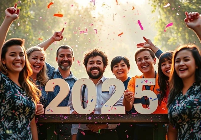 A group of teachers joyfully celebrating the New Year with confetti and smiles.