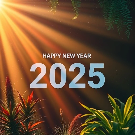 Business team clinking glasses at a New Year celebration with "Happy New Year 2025" in bold text.