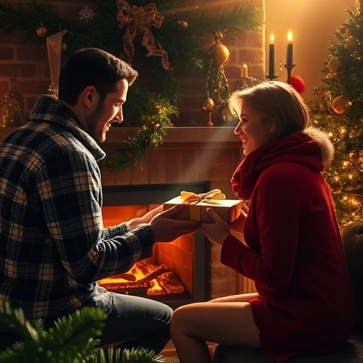 A couple sitting by a fireplace exchanging Christmas gifts with holiday decorations around them.