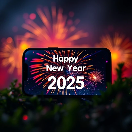 A smartphone displaying a festive New Year message with "2025" fireworks in the background.