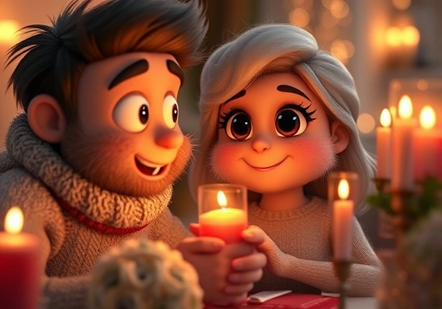 A husband surprising his wife with flowers and a romantic dinner for their wedding anniversary.