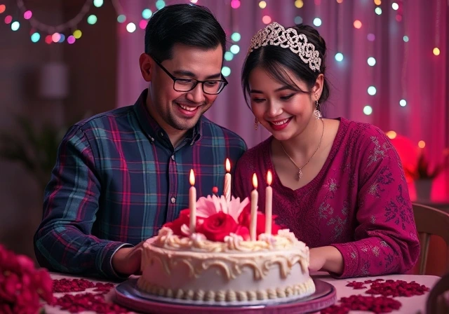 Son and daughter-in-law smiling while cutting their anniversary cake.