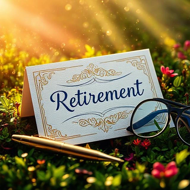 Retirement greeting card with gold pen and glasses