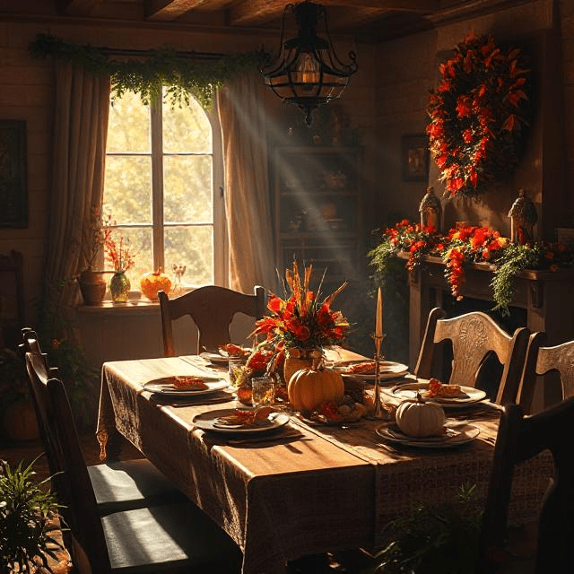 Thanksgiving dinner table with turkey and autumn decor.