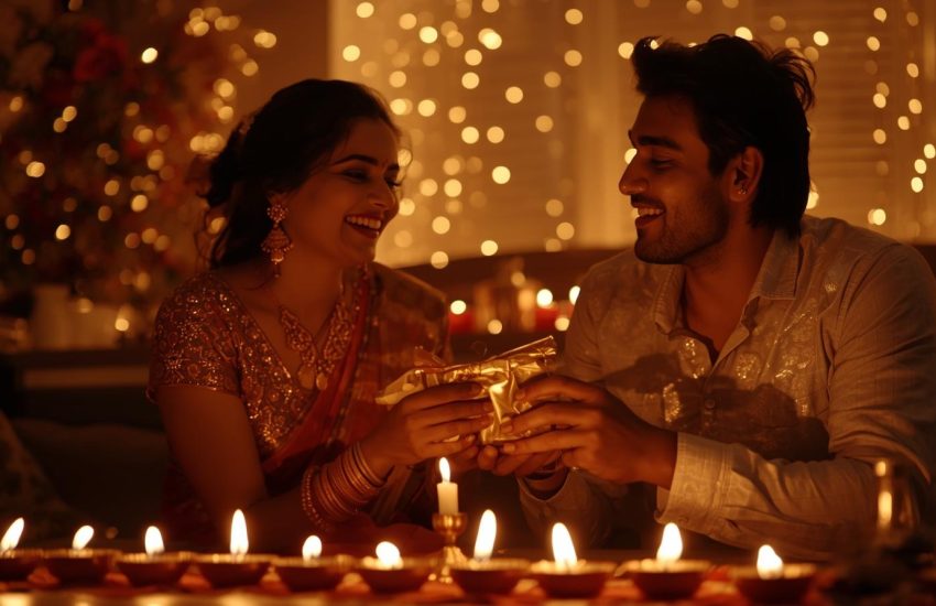 Romantic Dhanteras wishes for couples with glowing diyas and festive lights.