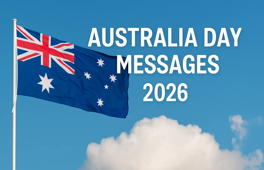 Australia Day Messages 2026 with Australian flag waving in blue sky