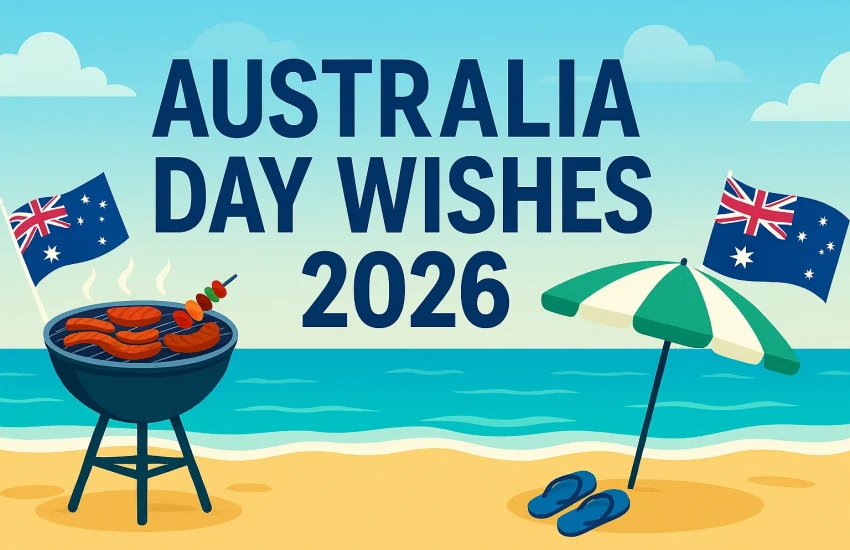 Australia Day wishes 2026 with Aussie flags, beach vibes and festive celebration
