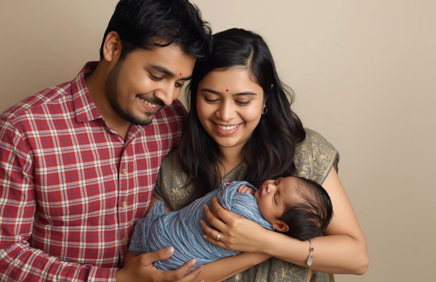 नवजात शिशु के साथ खुश भारतीय माता-पिता
