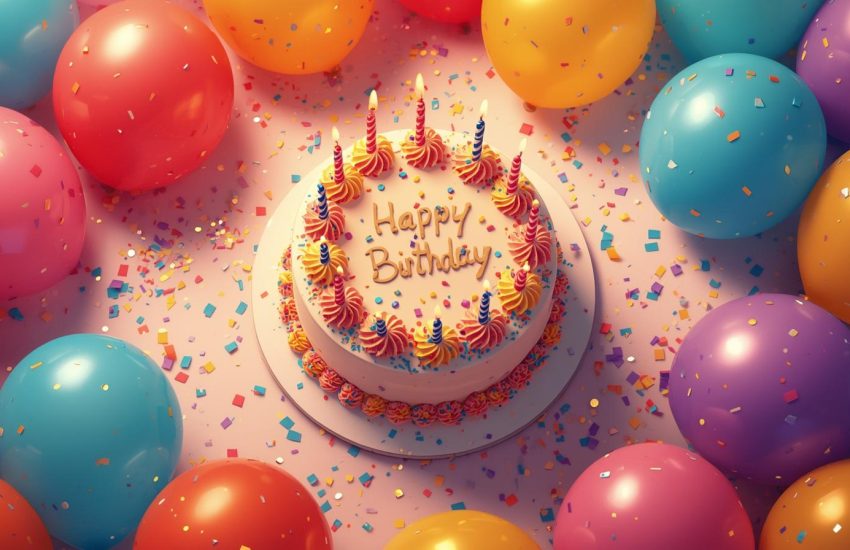 Happy Birthday Wishes – Colorful Cake with Balloons | TheCodingHouse
