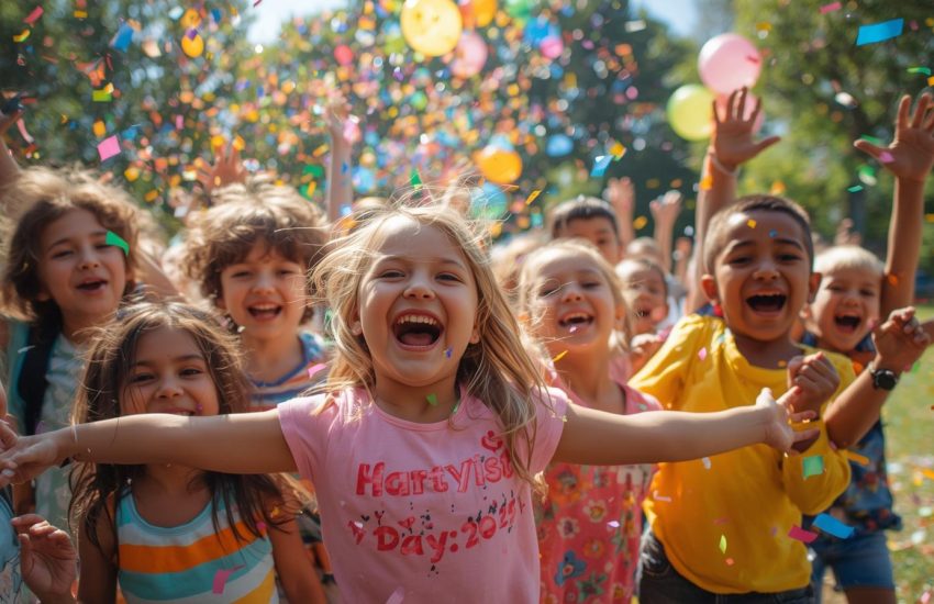 Happy smiling children celebrating Children’s Day outdoors.