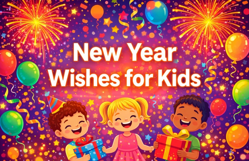 Cute New Year wishes for kids with fun and colorful theme