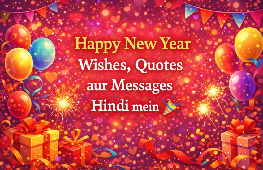 Happy New Year wishes quotes messages in Hindi with festive design