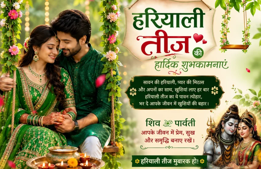 Beautiful and romantic Hariyali Teej celebration with Indian couple, green traditional attire, mehndi and festive decorations